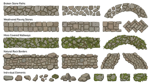 Medieval stone path vector set, weathered paving stones and mossy rock borders, broken stone walkways for game environment design