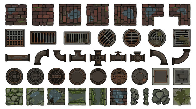 Grungy urban sewer tile set, industrial pipe and manhole cover vector icons, dark brick and stone pavement textures for game design
