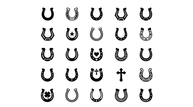 A collection of black horseshoe icons featuring various decorative patterns and symbols on white squares