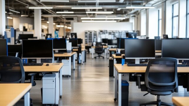 Modern open concept office workspace interior featuring rows of empty computer desks and professional ergonomic chairs.