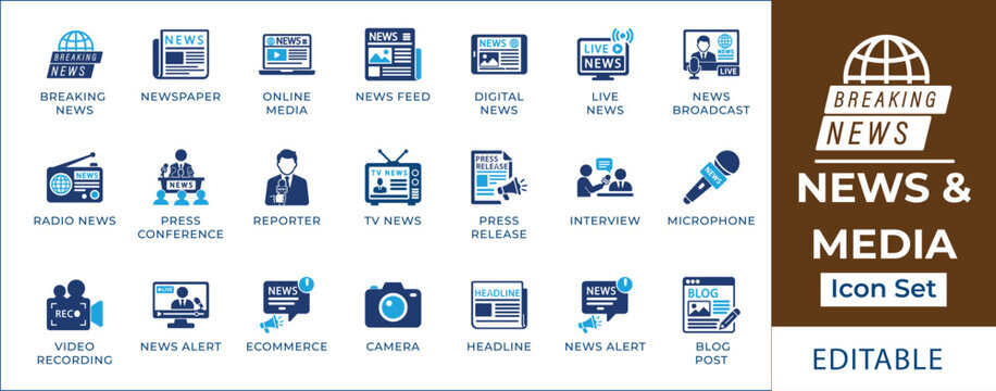 News and media icon set featuring breaking news broadcasting, live television interview, newspaper press release, journalism microphone, video camera recording, and blog symbols.