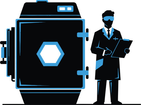 Scientist standing by a large laboratory industrial machine