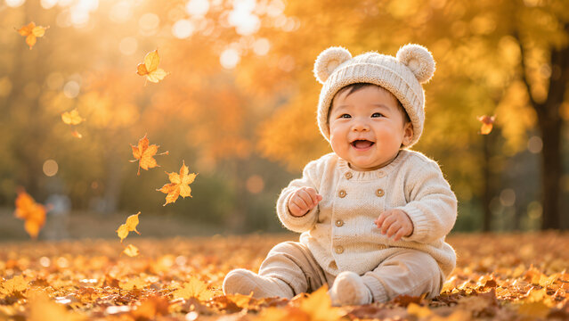 紅葉の中で笑顔を見せる赤ちゃん 秋のイメージ