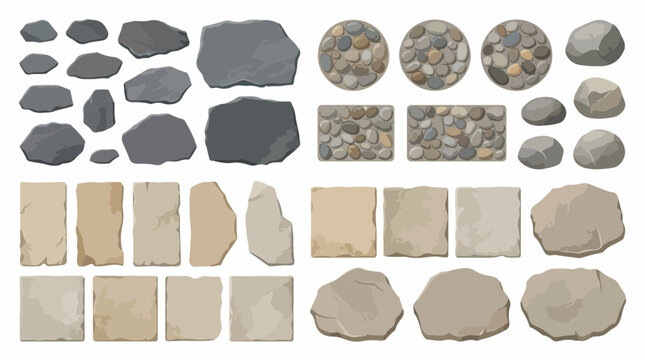 Natural stone textures and rock elements set, realistic grey granite boulders and beige sandstone slabs, garden paving stones vector collection