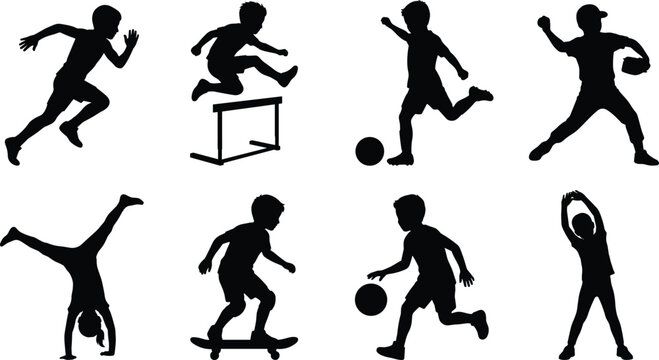 Kids Sports Activities Silhouette Collection with Running Soccer Basketball Skateboarding and Fitness Vector Set
