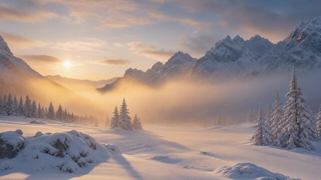 Sunrise over snowy mountains and pine trees in a winter landscape