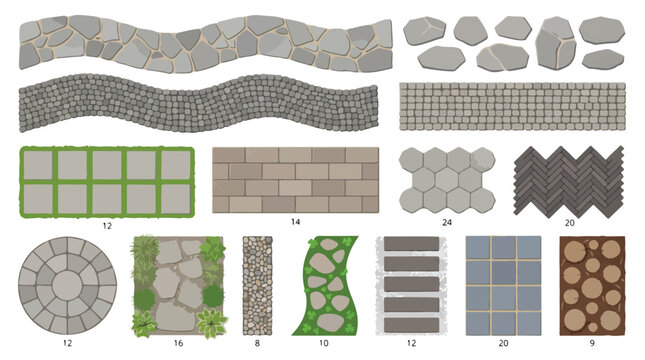 Stone paving patterns and garden walkway textures, set of 13 vector pavement designs, cobblestone and flagstone path elements for landscaping