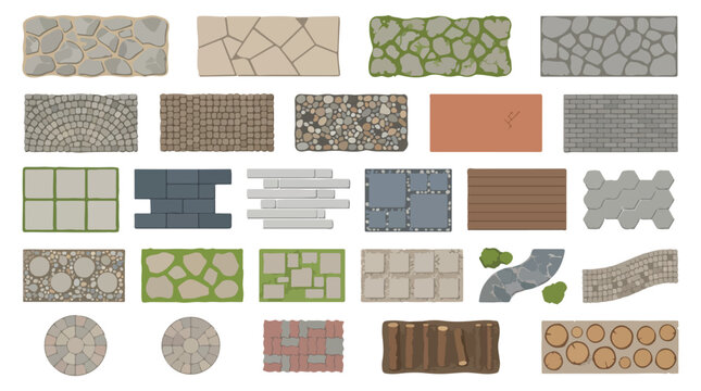 Stone paving textures and garden path tiles, set of 26 vector landscape elements, cobblestone and wood walkway patterns for architectural design