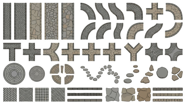 Stone path vector set, cobblestone road textures and pavement walkway elements, grey rock garden trail constructor for landscape design