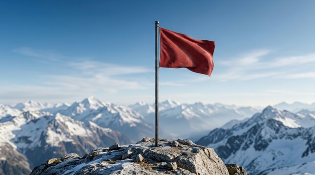 Red flag on snowy mountain peak signifies achievement success and reaching summit of challenging goal.