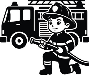 Obraz premium A happy young firefighter in uniform kneeling down holding a fire hose in front of a large red fire truck engine.