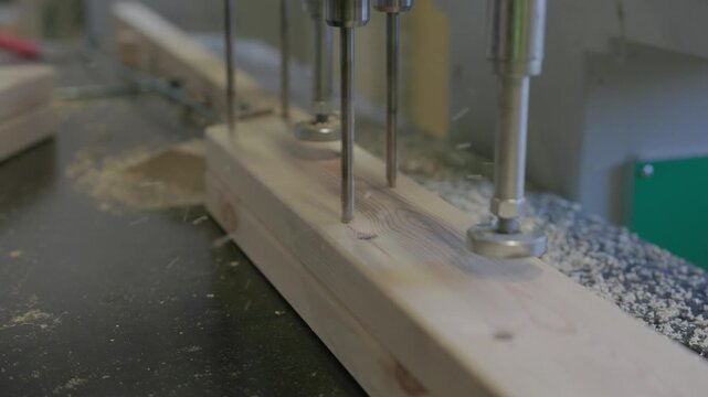Close-up of a multi-spindle woodworking drill boring precise holes into a timber plank in a workshop, with flying sawdust and shallow depth of field