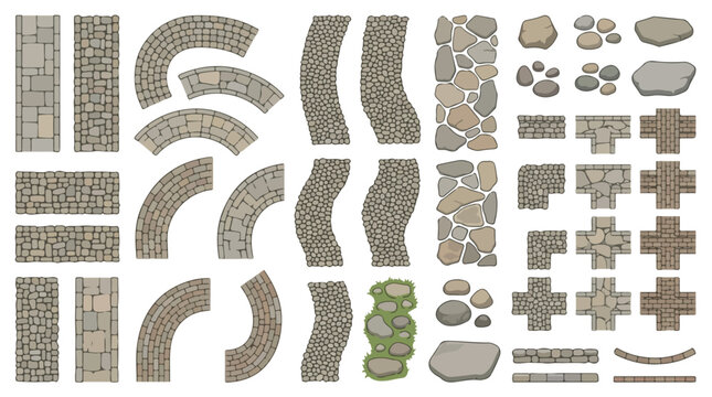 Stone pavement path vector set, cobblestone walkway elements for garden design, grey rock road and sidewalk textures for landscape maps