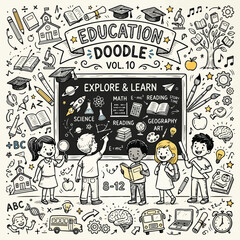 Obraz premium Colorful education doodle illustration of kids learning around a chalkboard, vol 10.