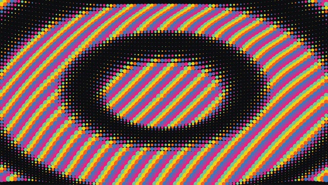 Abstract background featuring colorful halftone circles forming oval patterns on dark field.