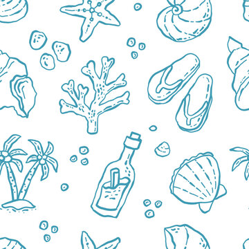 Sea shells set starfish and colorful corals pattern. Marine underwater summer elements. Hand drawn vector illustration in simple naive style