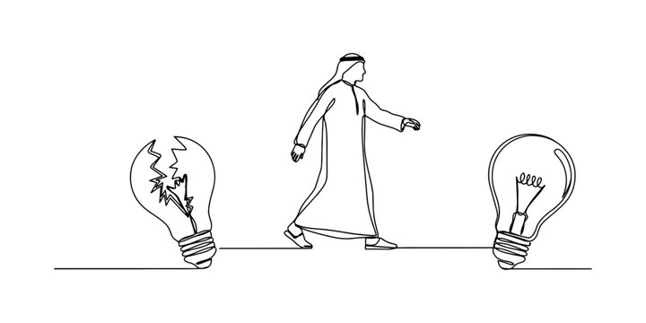 Continuous single line drawing of an arab man walking past a broken light bulb towards a new bright idea light bulb representing innovation and success