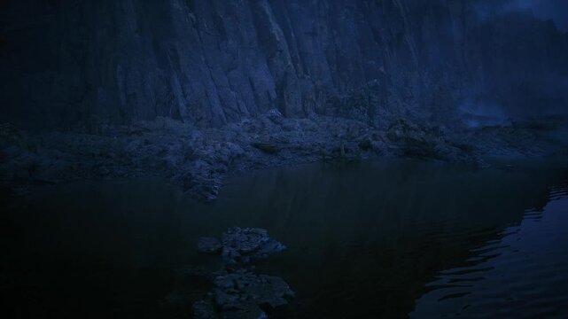quiet isolated lagoon under deep blue night, clustered stones rising from still water and steep rock face create secluded mood, ideal for solitude, mindfulness,
