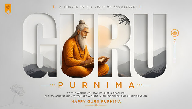 Guru Purnima celebration featuring Maharishi Ved Vyas writing sacred scriptures within artistic GURU typography, symbolizing Vedic wisdom, Guru Shishya tradition, Hindu spiritual heritage, festival gr