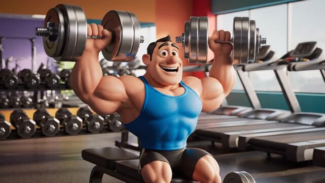 Muscular Cartoon Man Lifting Dumbbells in Gym, Fitness Workout, Strength Training, Healthy Lifestyle, Exercise Motivation