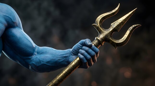 Blue god hand holding a golden trident weapon against a dark background