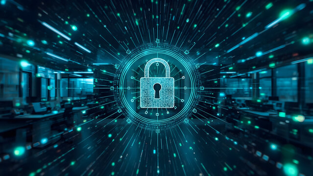 Cybersecurity digital padlock icon in server room, data protection and network security concept, futuristic blue glowing encryption technology