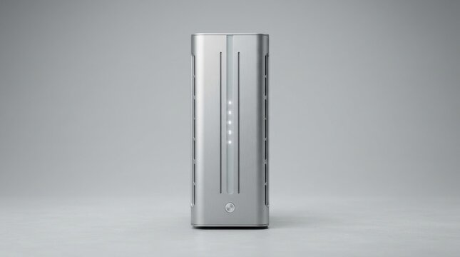 Silver tower device with vertical light indicators and ventilation slots.