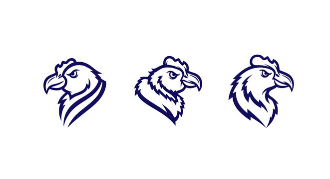 Three stylized blue rooster head illustrations in a row.