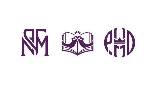 Elegant purple logo designs with crown and book symbols.