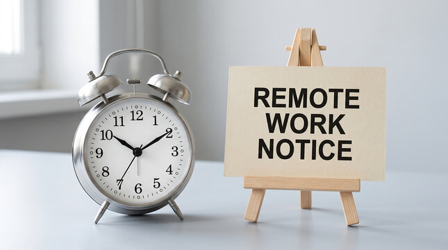 Remote work notice, office clock, and easel board, telecommuting sign, work from home