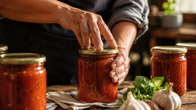 Hands Sealing Glass Jars Of Tomato Sauce In Kitchen