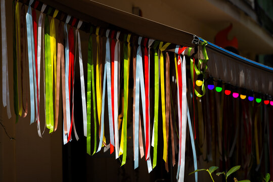 Decorative Ribbons Hanging Outside Building in Ukraine