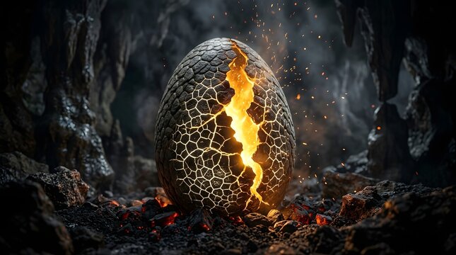Cracked dragon egg with glowing golden interior hatching in dark cave