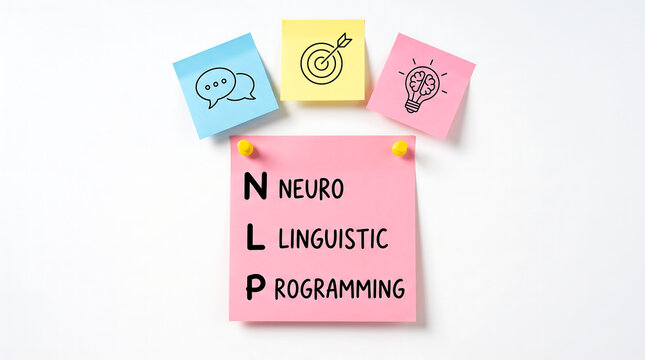 NLP, Neuro Linguistic Programming, colorful sticky notes, business concept, psychology