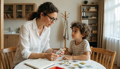 Fototapeta premium A parent and young child sort picture cards at a kitchen table, suitable for early learning, homeschooling, family education, and parenting concepts.