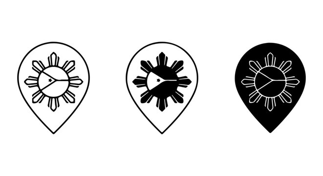 Philippine Sun Location Pin Icons, Travel Map Marker Symbols, Philippines Landmark Vector Set
