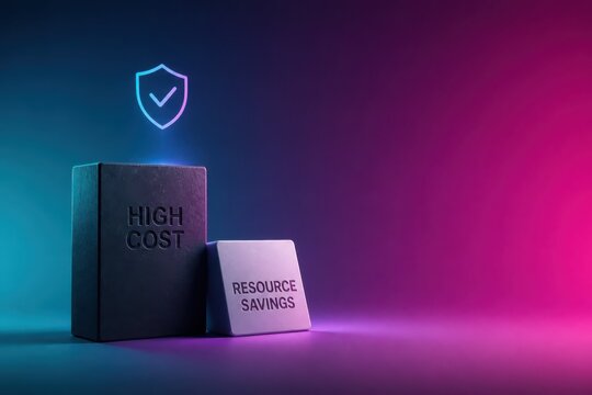 Cost savings concept with high cost blocks and resource savings on neon gradient background