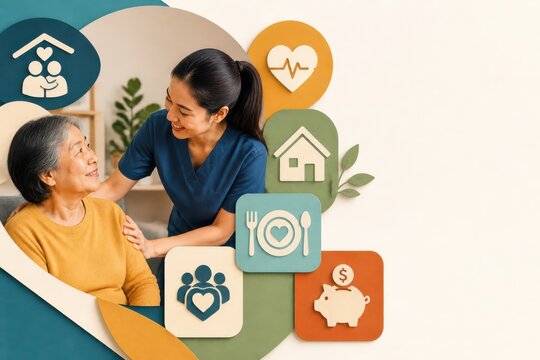 Elder care support with caregiver and wellness icons