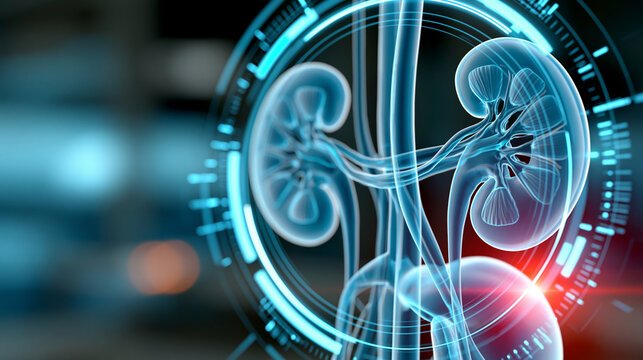 Detailed medical illustration highlighting human urinary system including kidneys and bladder in glowing digital interface, nephrology urology concept, medical visualization