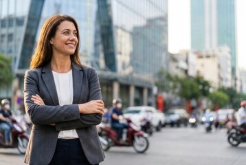 Fototapeta premium Professional woman with arms crossed looking away in a bustling city environment