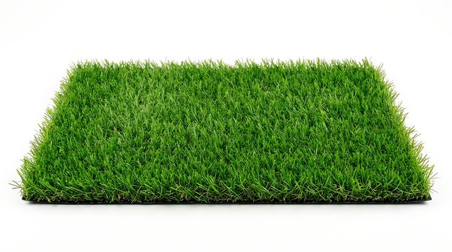 Square section of lush green artificial grass turf isolated on white background