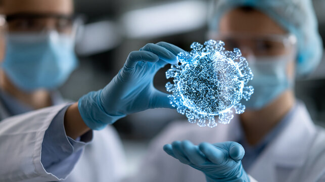 Faceless healthcare worker in dark laboratory examining three-dimensional glowing digital rendering of virus structure focusing on virology and pandemic prevention research,