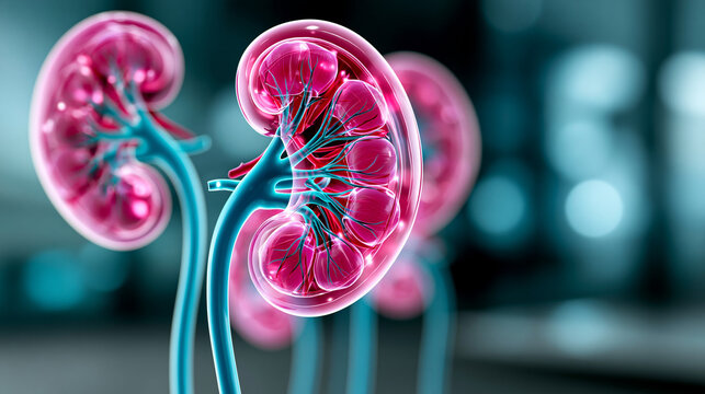 Human kidneys displayed in digital medical visualization showing internal biological structures, nephrology concept, medical illustration photography, blurred dark background,