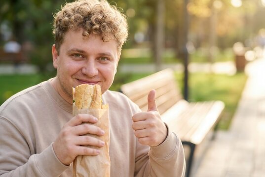 Man holding baguette sandwich and showing thumbs up in park