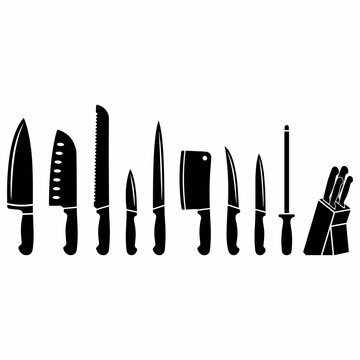 A comprehensive set of black silhouette kitchen knives, including chef's knives, a cleaver, a paring knife, a bread knife, a sharpening steel, and a knife block.
