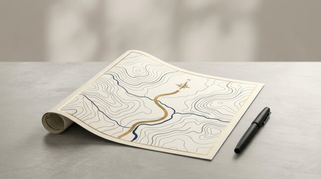 Topographical map unrolled on table with compass rose and pen representing travel or planning.