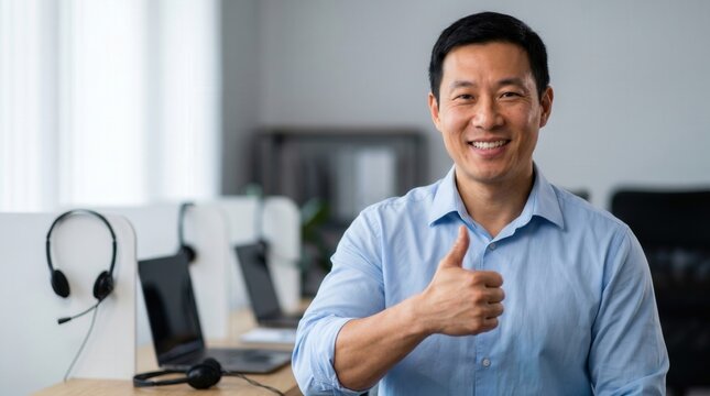 Happy asian man working as customer support representative in modern office