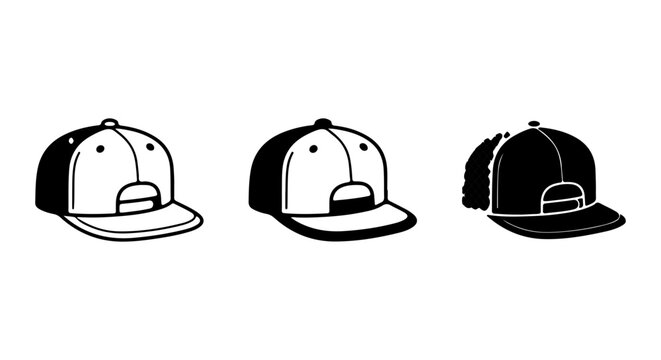 Flat Brim Baseball Caps, Snapback Hats, Hip Hop Headwear Vector Icons, Streetwear Accessories