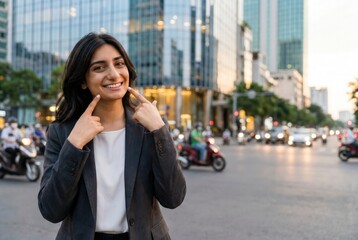 Fototapeta premium Young businesswoman smiling and pointing at her teeth, standing outdoors in a bustling city