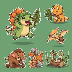 Cute Cartoon Dinosaur and Prehistoric Animal Sticker Set © Arviz